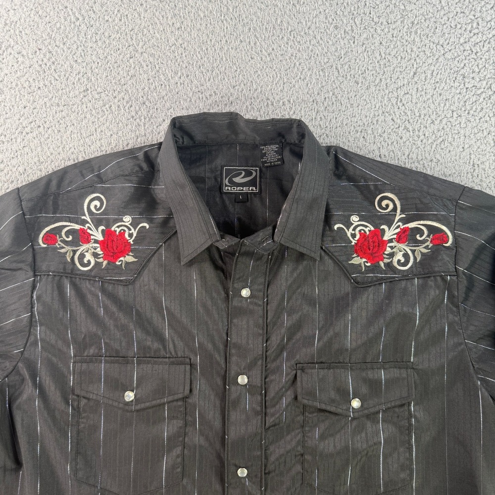 Roper Western Shirt Mens Large Black Rose Embroidered Pearl Snap Pinstripe Lurex
